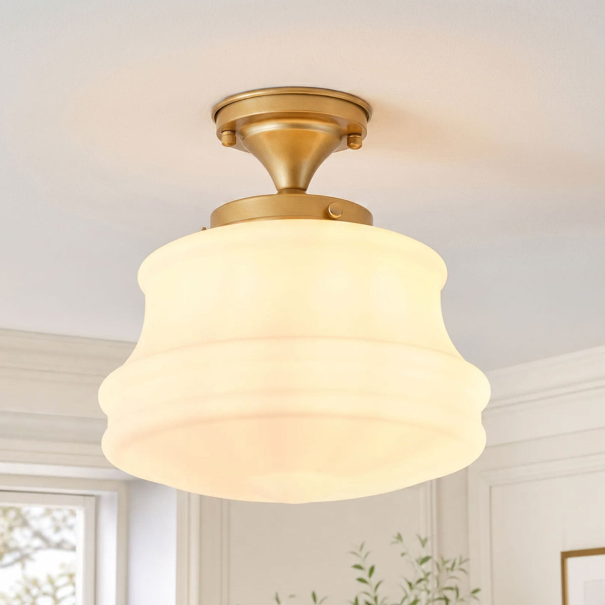 1-Light White Glass Semi Flush Mount Light Gold Fixture for Hallway Dining Room