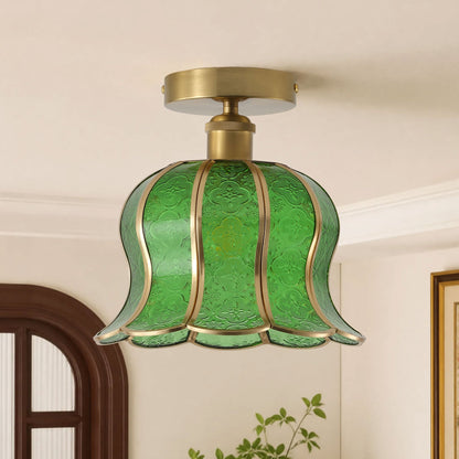 1-Light Green / Gold Semi Flush Mount Light Bedroom Glass Ceiling Light