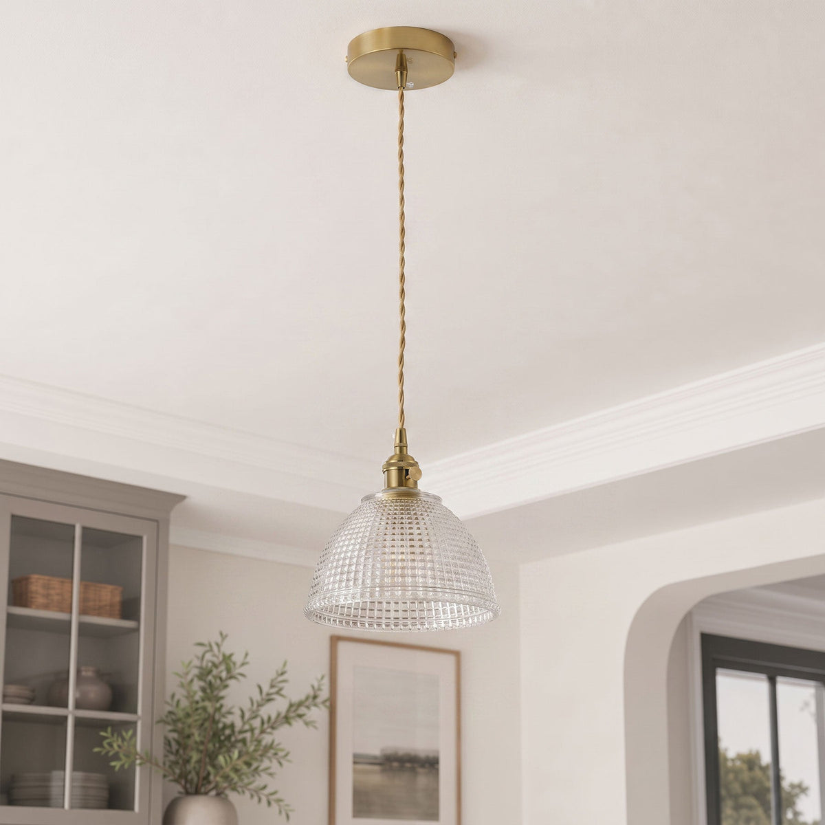 1-Light Clear Grid Glass Hanging Light for Kitchen Island