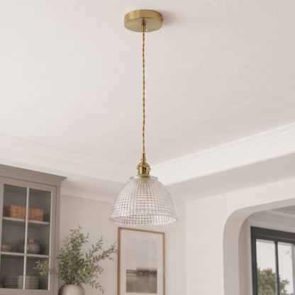 1-Light Clear Grid Glass Hanging Light for Kitchen Island