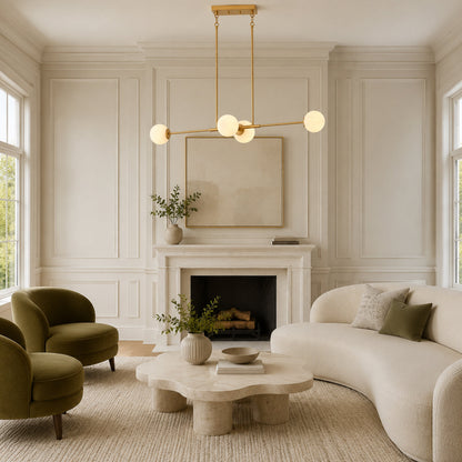4-Light Gold Linear Chandelier with Opal Glass Globes for Dining Table