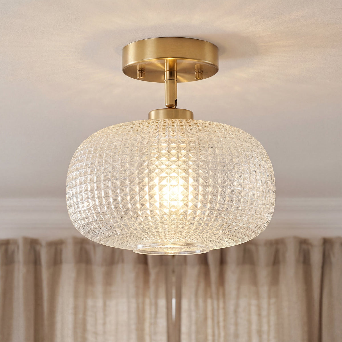 1-Light Brass Semi Flush Mount Ceiling Light Textured Glass Shade