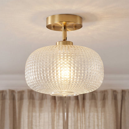 1-Light Brass Semi Flush Mount Ceiling Light Textured Glass Shade