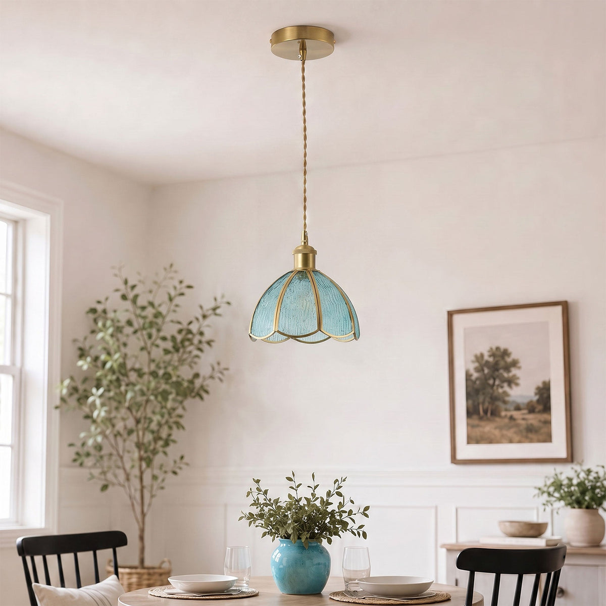1-Light Blue Glass Pendant Light for Kitchen Island