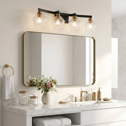 3-Light & 4-Light  Black Bathroom Vanity Light with Ribbed Glass