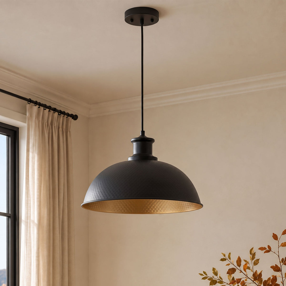 1-Light Black Exterior Gold Interior Bowl Pendant Light