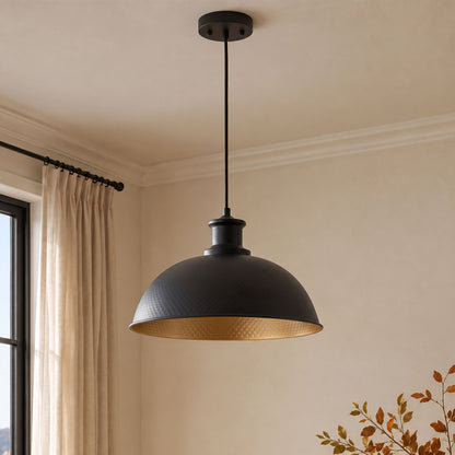1-Light Black Exterior Gold Interior Bowl Pendant Light