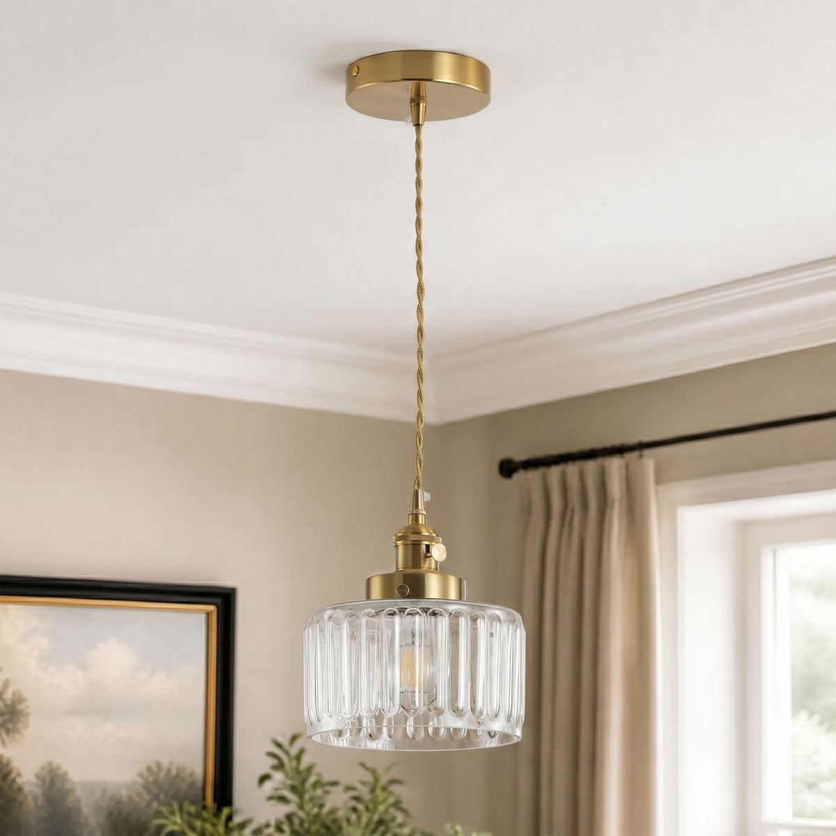 1-Light Clear Ribbed Glass Shade Adds Texture Pendant Light