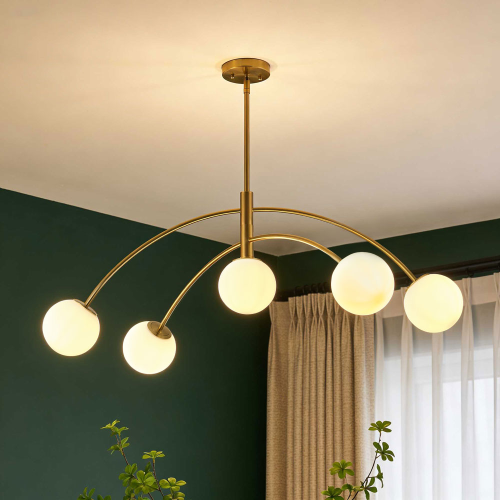 5-Light Artistic Arched Chandelier Statement Brass Metal Opal Glass Globes
