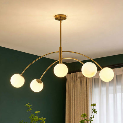 5-Light Artistic Arched Chandelier Statement Brass Metal Opal Glass Globes