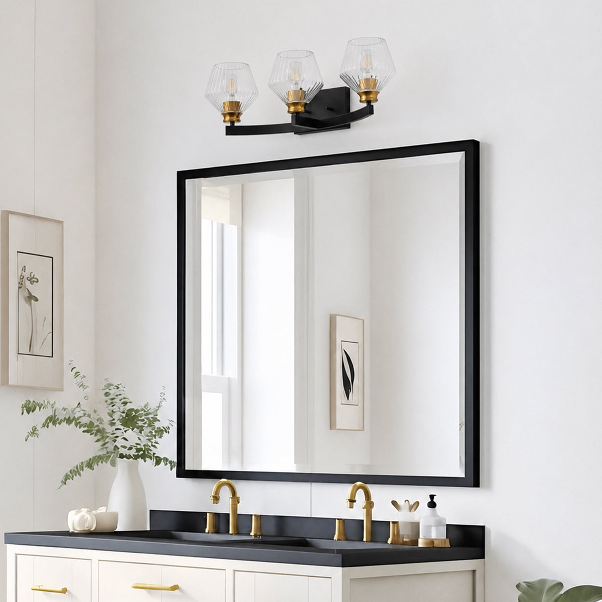 3-Light & 4-Light  Black Bathroom Vanity Light with Ribbed Glass