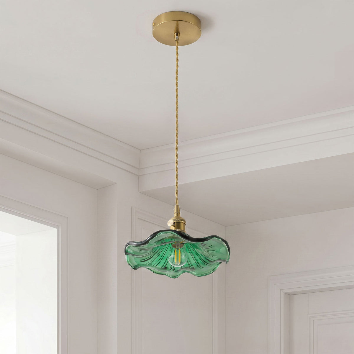 1-Light Green Glass Shade Wavy Flower Shape Pendant Light
