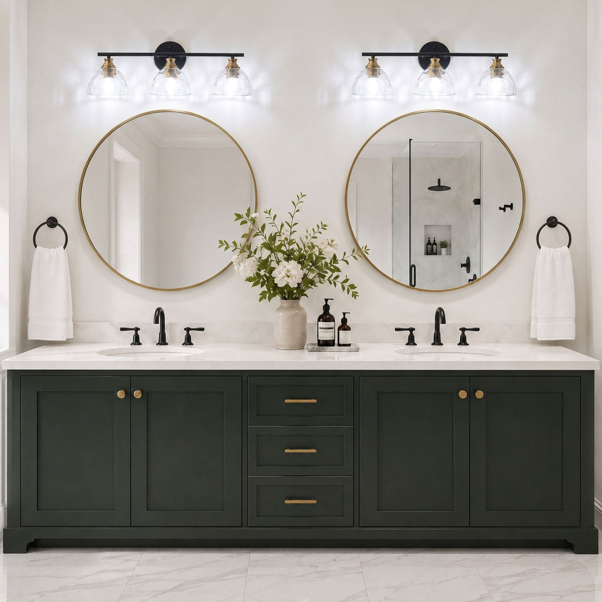 3-Light Matte Black Vanity Light with Textured Glass Shades