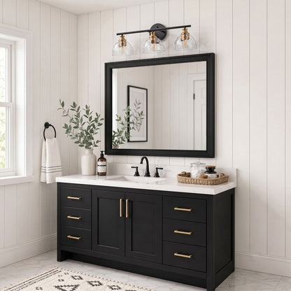 3-Light Matte Black Vanity Light with Textured Glass Shades