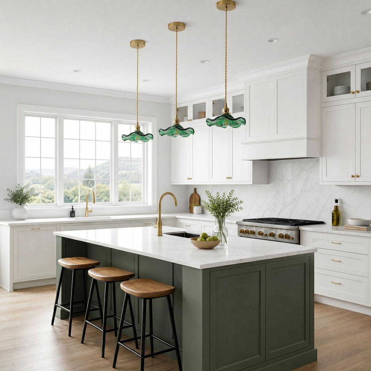 1-Light Green Glass Shade Wavy Flower Shape Pendant Light