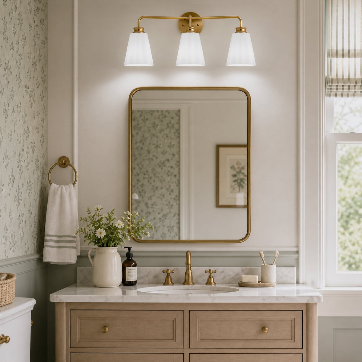 3-Light Gold Opal Glass Bathroom Vanity Light
