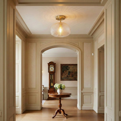 1-Light Brass Semi Flush Mount Ceiling Light Textured Glass Shade