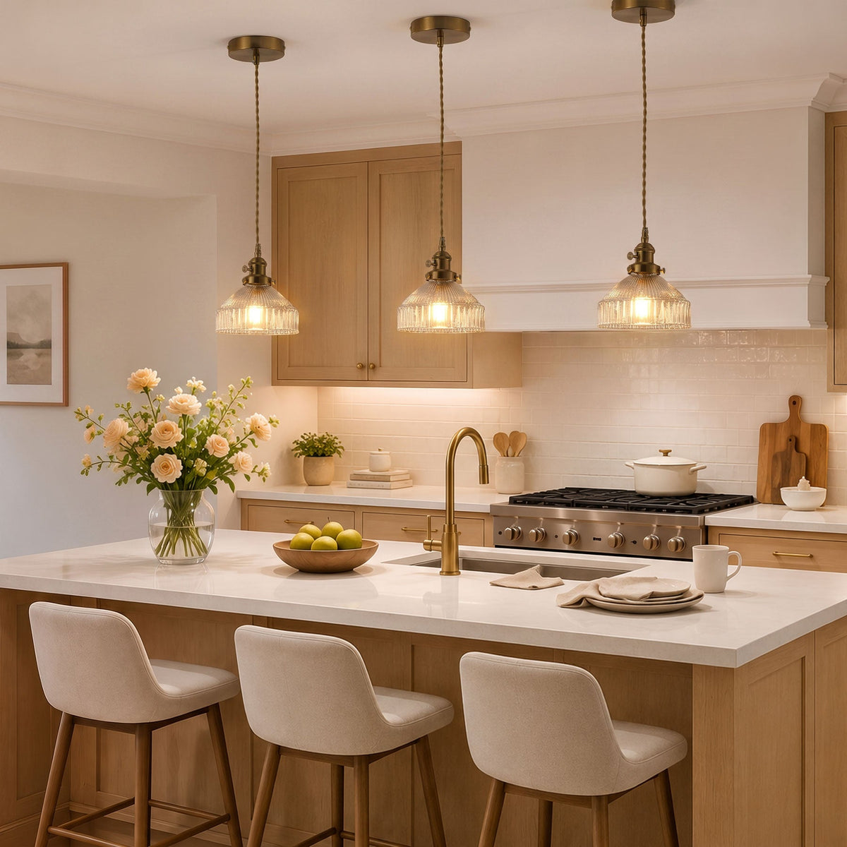 1-Light Reeded Cylinder Pendant for Kitchen Island