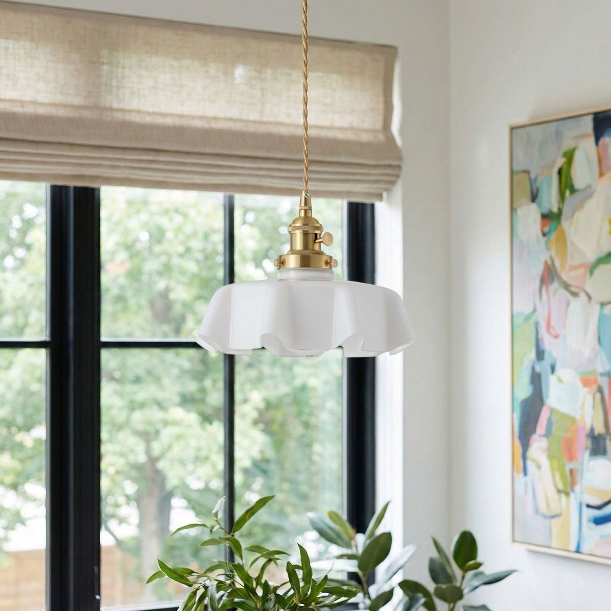 1 Light Vintage Brass Pendant Light With Opal Glass