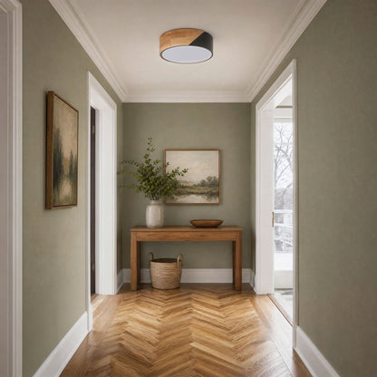 1 Light Wood Grain LED Flush Mount Ceiling Light For Bedroom Hallway