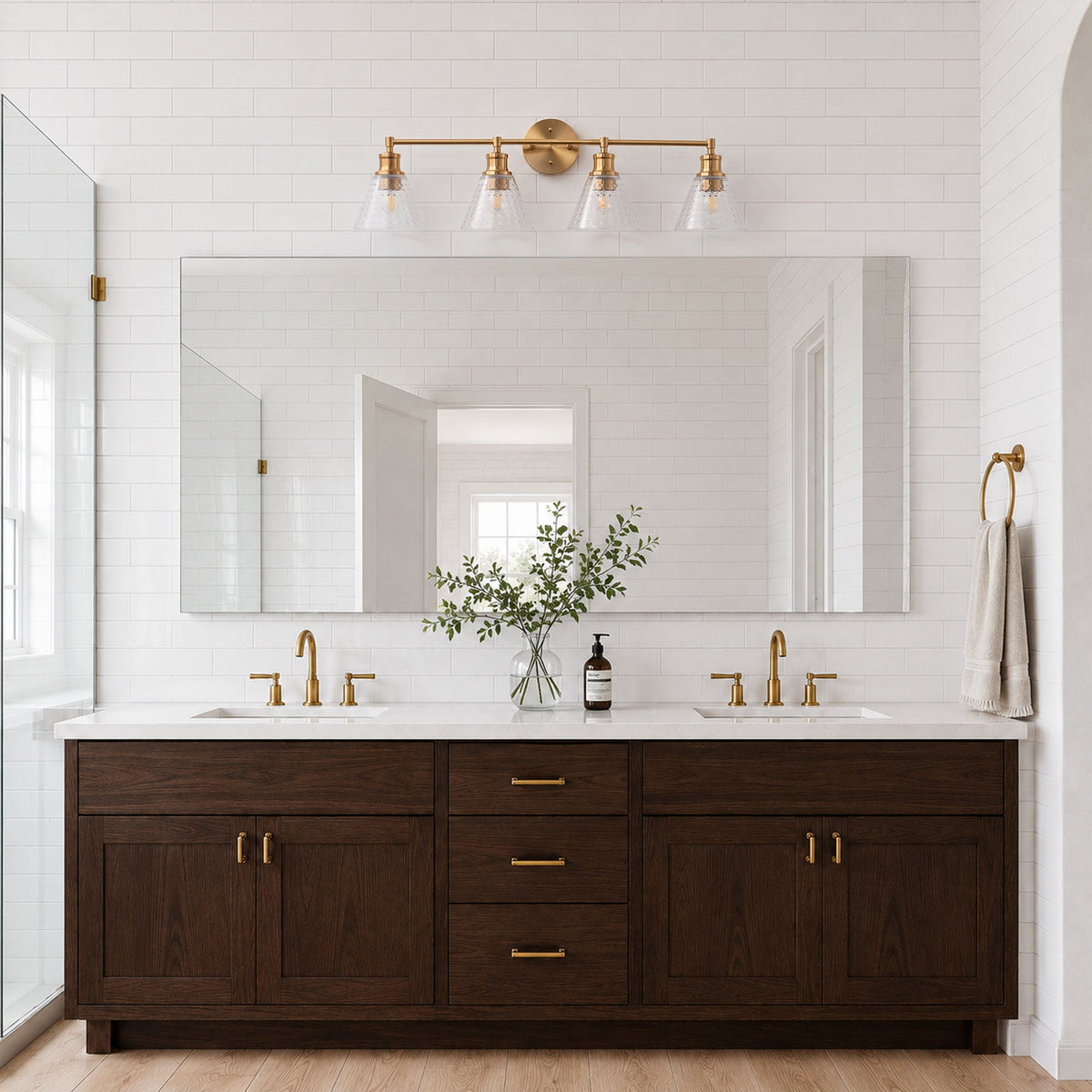 3-Lights & 4-Lights Antique Brass Glass Bathroom Vanity Light