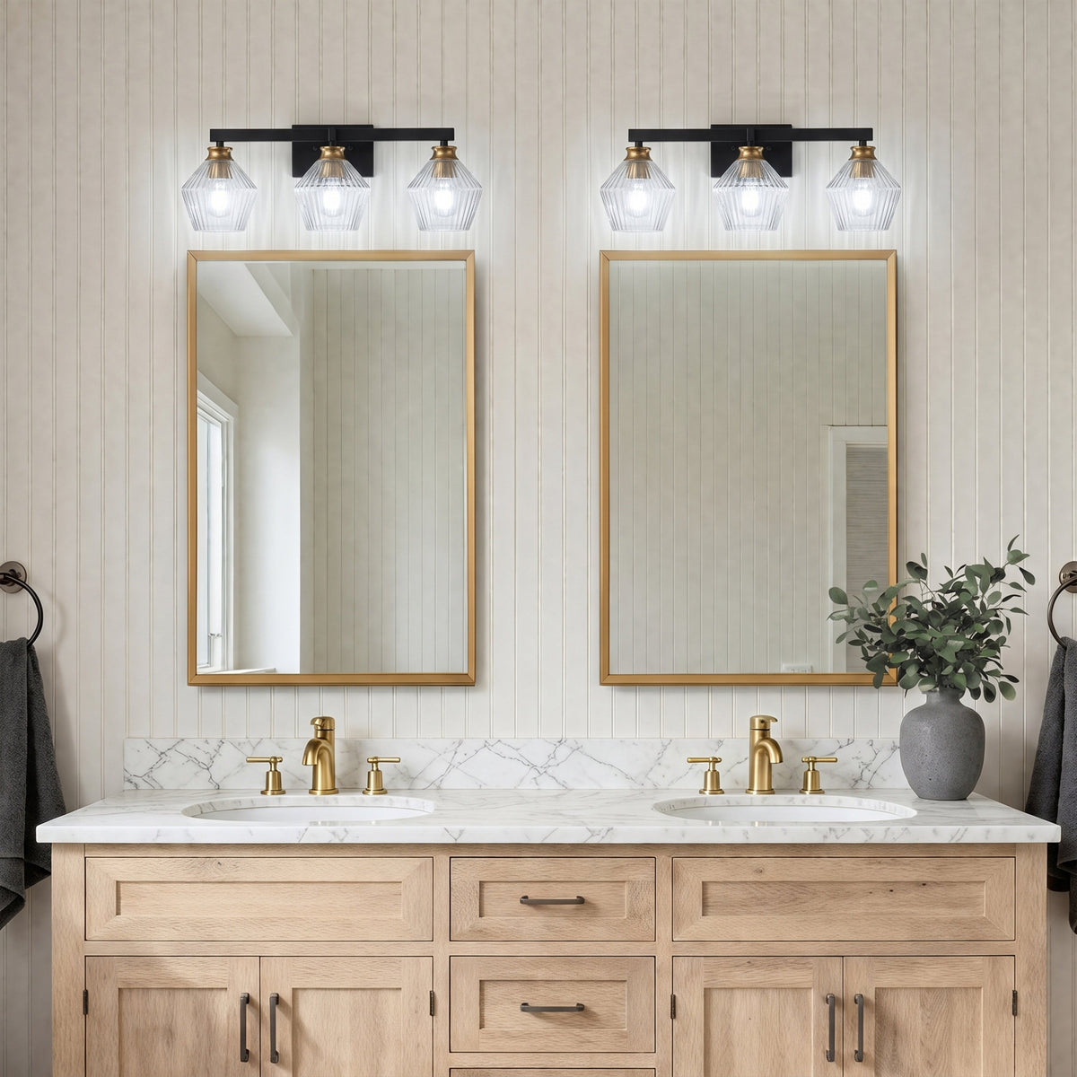 3-Light & 4-Light  Black Bathroom Vanity Light with Ribbed Glass