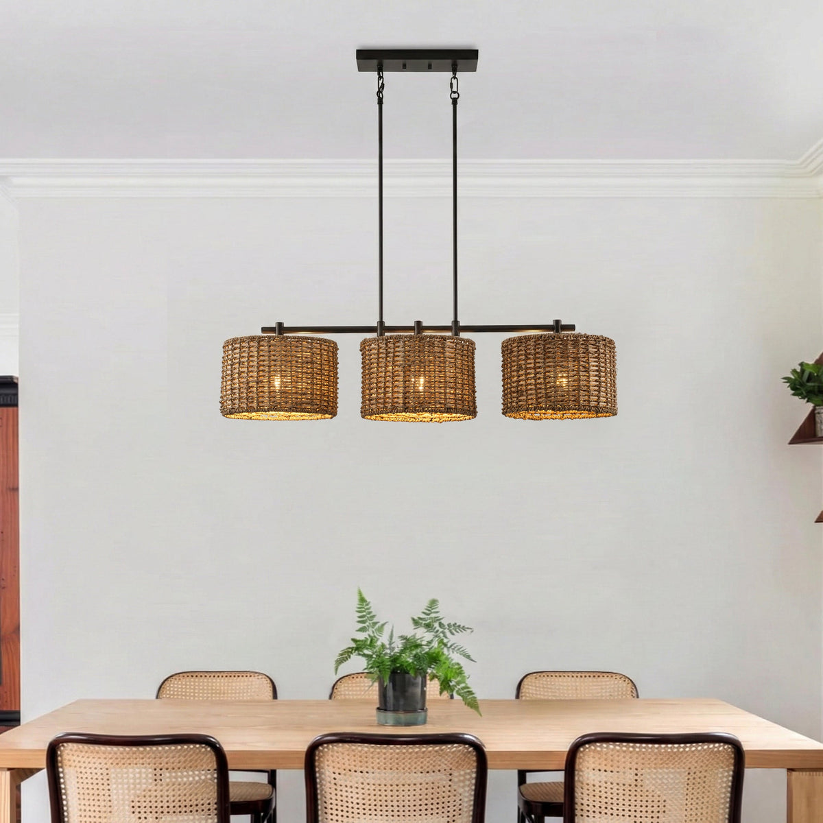 3-Light Boho Chandelier Woven Pendant for Kitchen