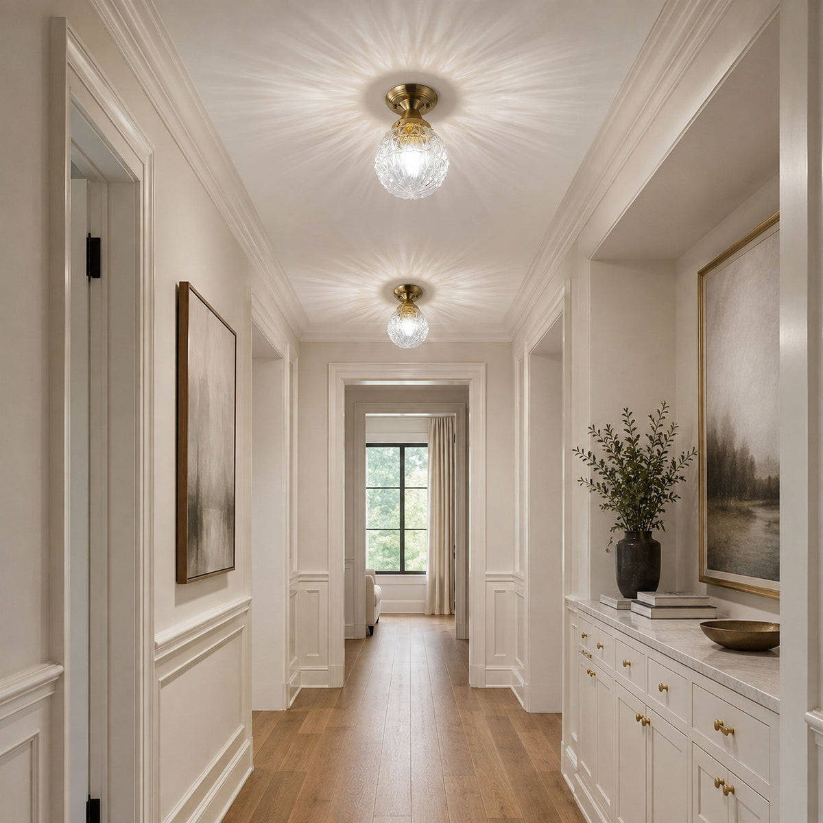 1-Light Clear Glass Semi Flush Ceiling Light for Entryway