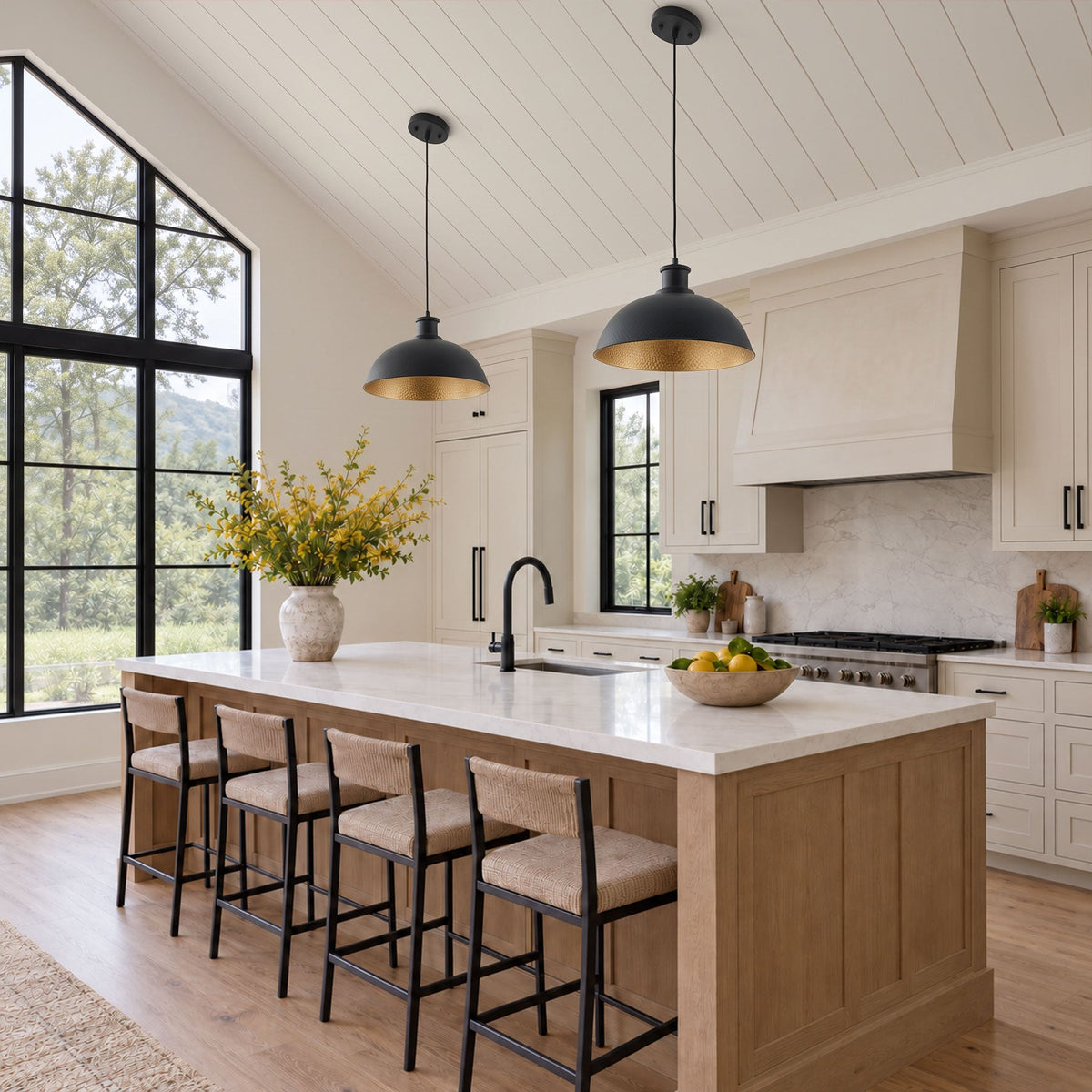 1-Light Black Exterior Gold Interior Bowl Pendant Light