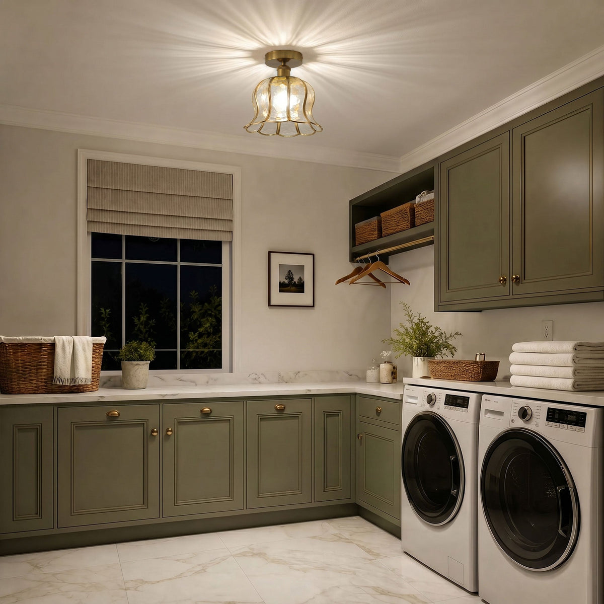 1-Light Green / Gold Semi Flush Mount Light Bedroom Glass Ceiling Light