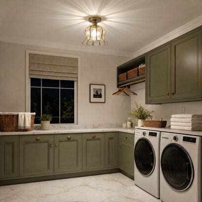 1-Light Green / Gold Semi Flush Mount Light Bedroom Glass Ceiling Light