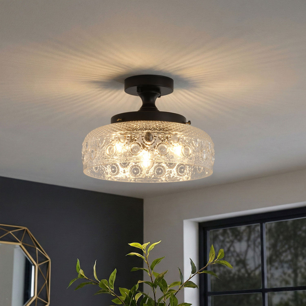 3-Light Modern Ceiling Light Clear Glass Black Fixture