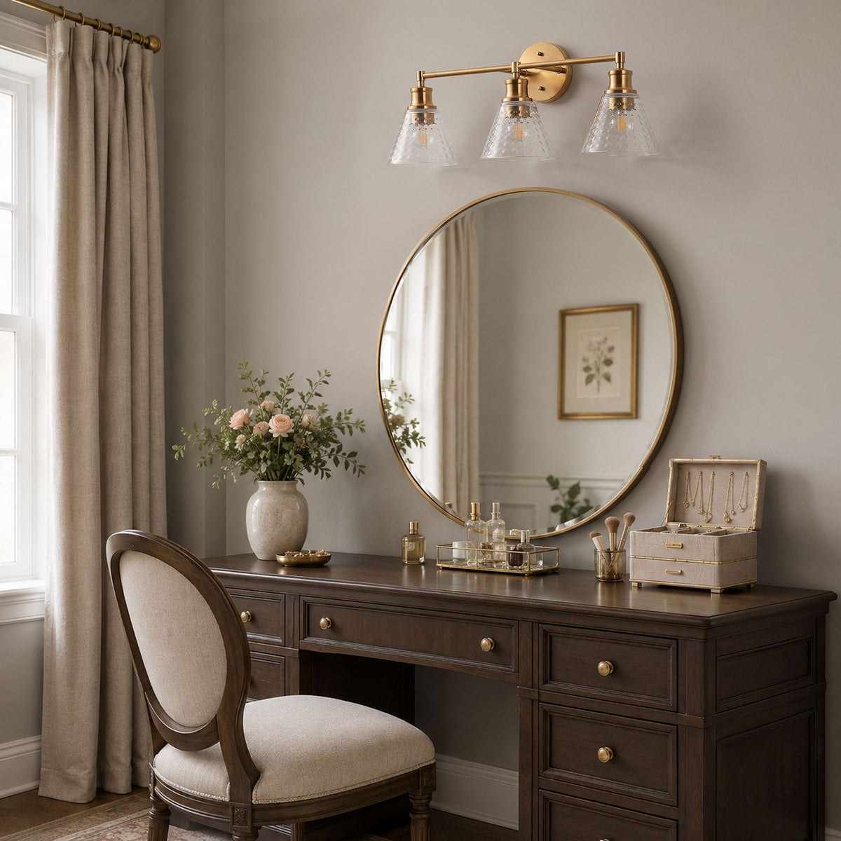 3-Lights & 4-Lights Antique Brass Glass Bathroom Vanity Light