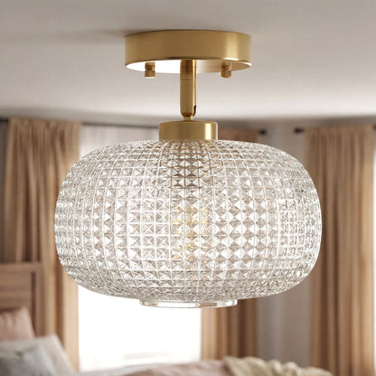 1-Light Brass Semi Flush Mount Ceiling Light Textured Glass Shade