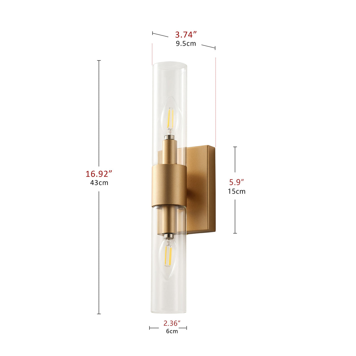 2-Lights Double-Ended Cylindrical Clear Glass Shade Wall Sconces