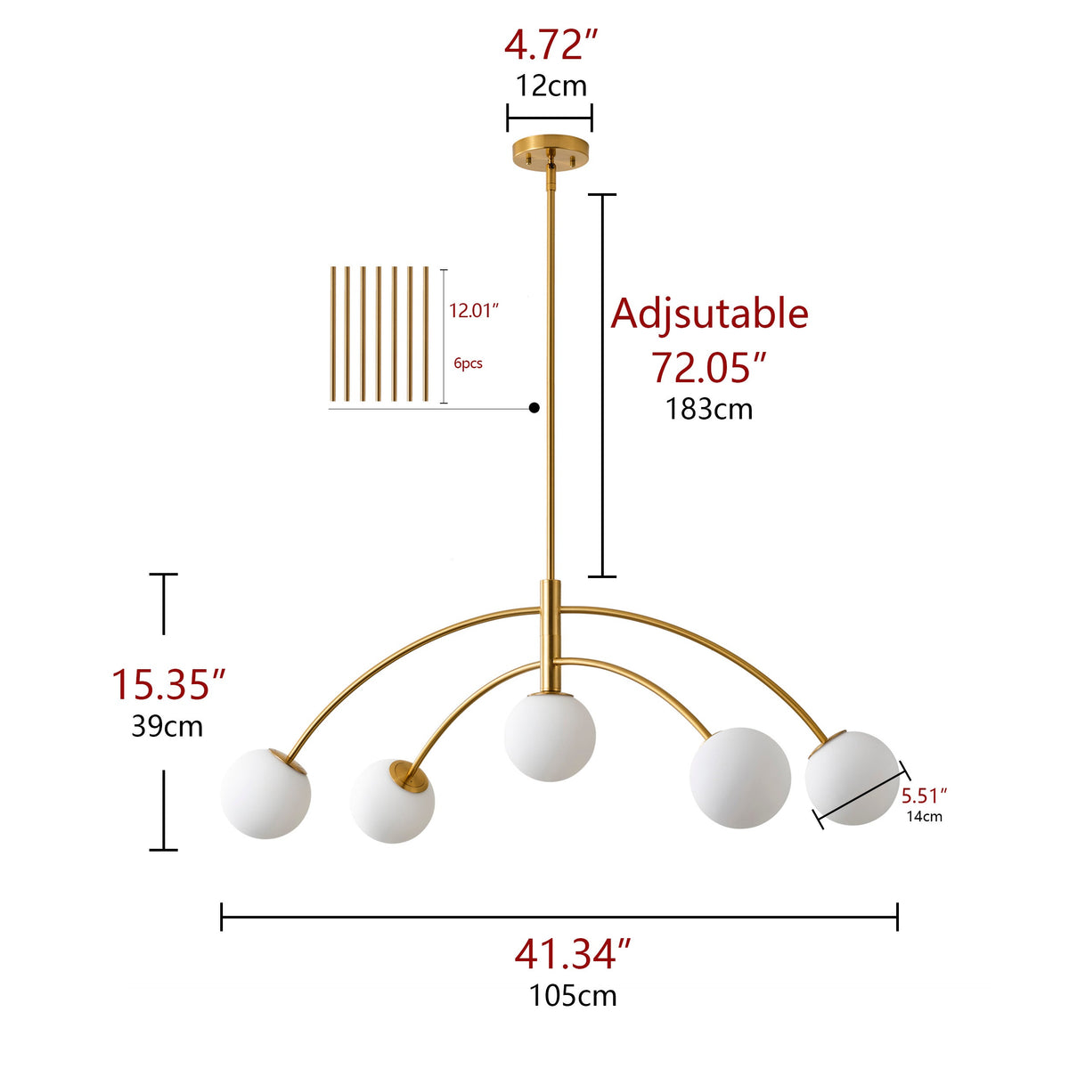 5-Light Artistic Arched Chandelier Statement Brass Metal Opal Glass Globes