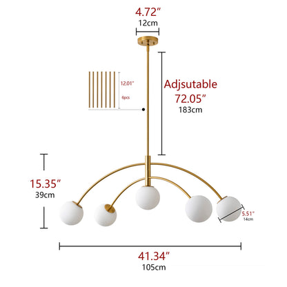 5-Light Artistic Arched Chandelier Statement Brass Metal Opal Glass Globes