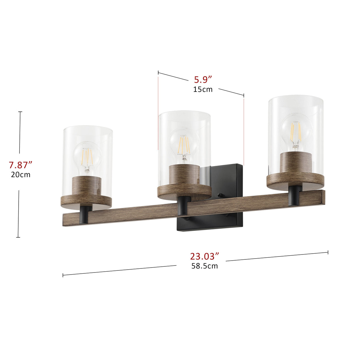 3-Lights Pine Wood Grain Color Frame with Clear Glass Shade Bathroom Vanity Lighting