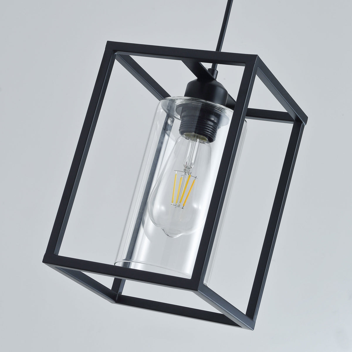 1-Light Rectangular Frame Cylinder Glass Shade Pendant Lighting