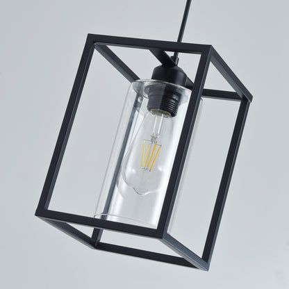 1-Light Rectangular Frame Cylinder Glass Shade Pendant Lighting