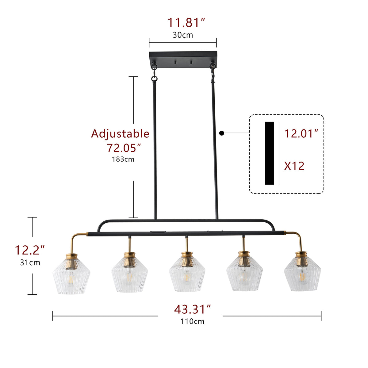5-Lights Clear Light Striped Glass Shade Kitchen Island Lights