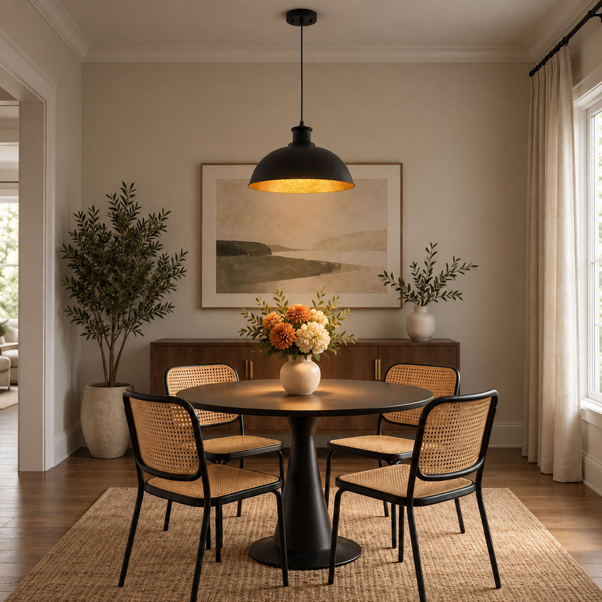 1-Light Black Exterior Gold Interior Bowl Pendant Light