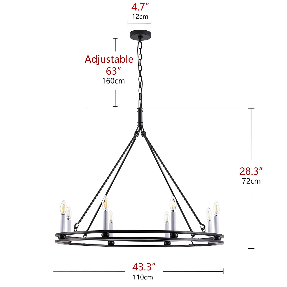 8-Lights Black Large Round Candle Chandelier