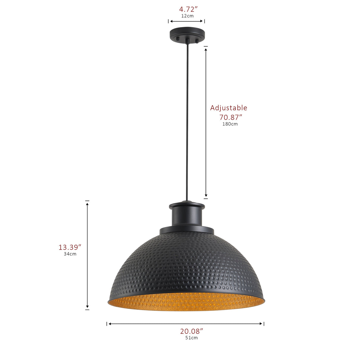 1-Light Black Exterior Gold Interior Bowl Pendant Light
