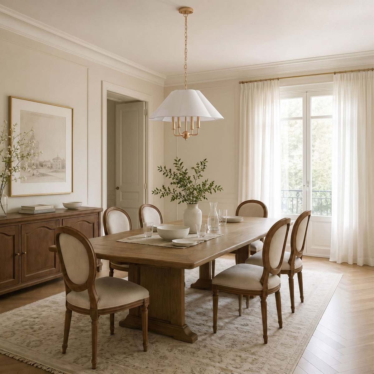 4-Light Gold Chandelier with White Fabric Shade