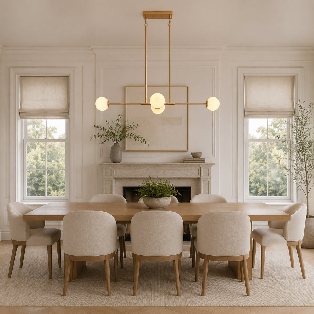 4-Light Gold Linear Chandelier with Opal Glass Globes for Dining Table
