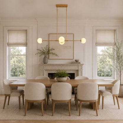 4-Light Gold Linear Chandelier with Opal Glass Globes for Dining Table