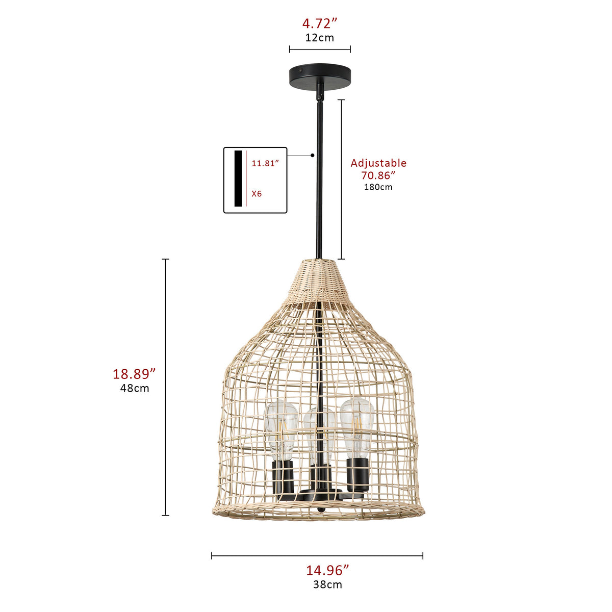 3-Lights Beige Rattan Hollow Out Design Pendant Lighting