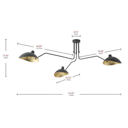 3-Lights Black Rounded Shade Semi-Flush Mount Lighting