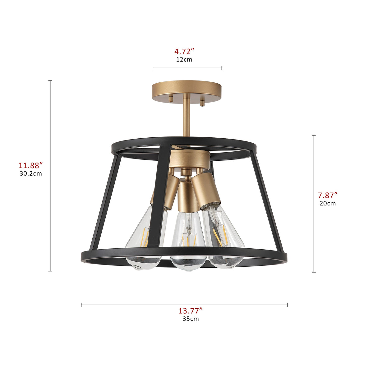 3-Lights Round Metal Frame Semi-Flush Mount Lighting
